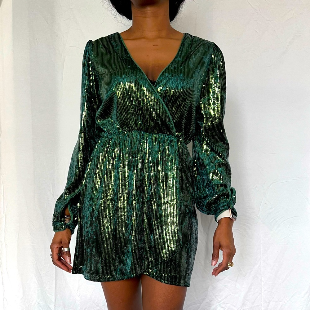 Wild Honey Sequined V neck Wrap Dress Emerald Green